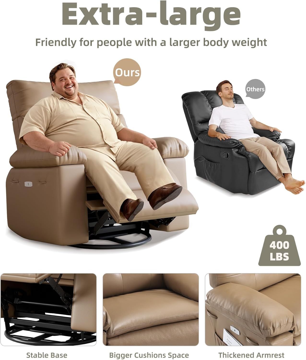 GarveeHome Oversized Power Rocker Swivel Recliner Chair - Heat and Massage, PU Leather Electric Glider Rocking Chair with USB Port, Glider Recliner Nursery Chair for Living Room, Bedroom, Nursery