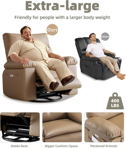 GarveeHome Oversized Power Rocker Swivel Recliner Chair - Heat and Massage, PU Leather Electric Glider Rocking Chair with USB Port, Glider Recliner Nursery Chair for Living Room, Bedroom, Nursery
