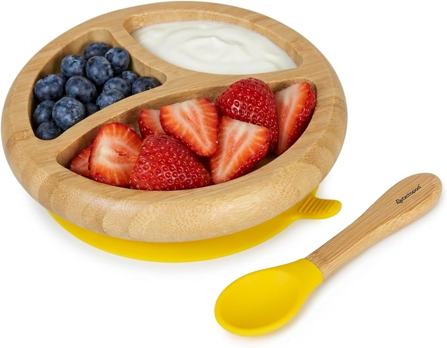 Abiie Octopod Bamboo Dish - Kids Plates for 4 months and up, 3-Compartment Baby Plates with Suction, Triangle Bamboo Baby Plate, Mess-Free Toddler Suction Plates, Baby Feeding Supplies, 8.3x1.9x7.7 in