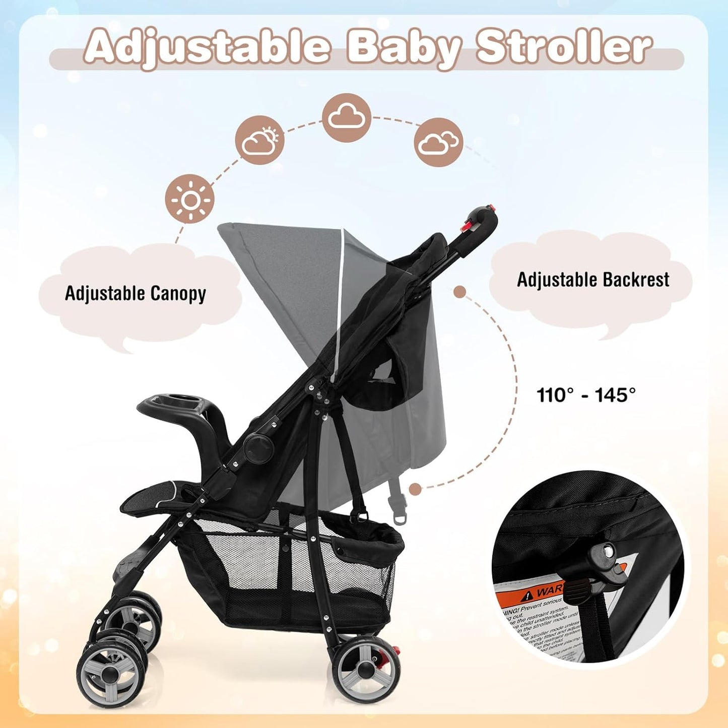 Baby Joy Lightweight Stroller, Compact Toddler Travel Stroller for Airplane, Infant Stroller w/Adjustable Backrest/Footrest/Canopy, 5-Point Harness, Storage Basket, Easy One-Hand Fold (Gray)