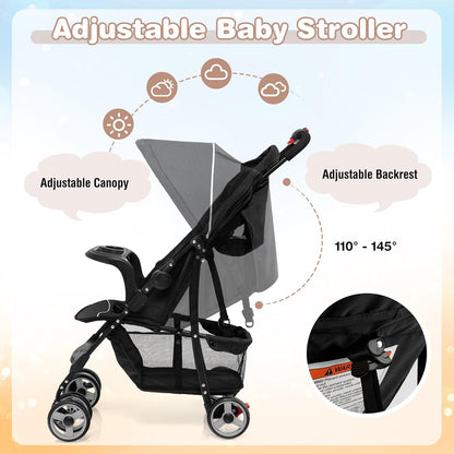 Baby Joy Lightweight Stroller, Compact Toddler Travel Stroller for Airplane, Infant Stroller w/Adjustable Backrest/Footrest/Canopy, 5-Point Harness, Storage Basket, Easy One-Hand Fold (Gray)