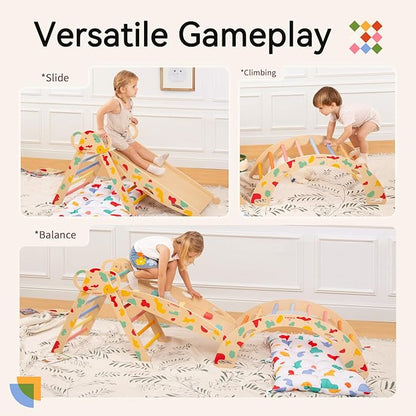 WINGYZ Pikler Triangle Set, Montessori Foldable 8-in-1 Jungle Gym & Reversible Animal Slide, Patent-Protected Climbing Set, Safe 2.35" Gap ASTM F963 Standards for Toddlers 18 Months-7 Years (Rainbow)