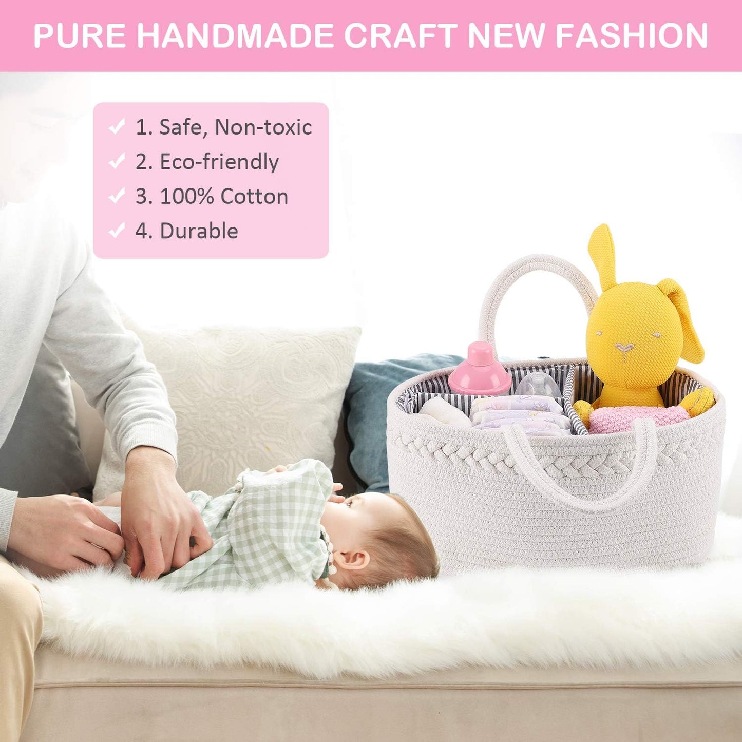 ABenkle Baby Diaper Caddy, Nursery Storage Bin and Car Organizer for Diapers and Baby Wipes, Cotton Rope Diaper Basket Caddy, Changing Table Diaper Storage Caddy
