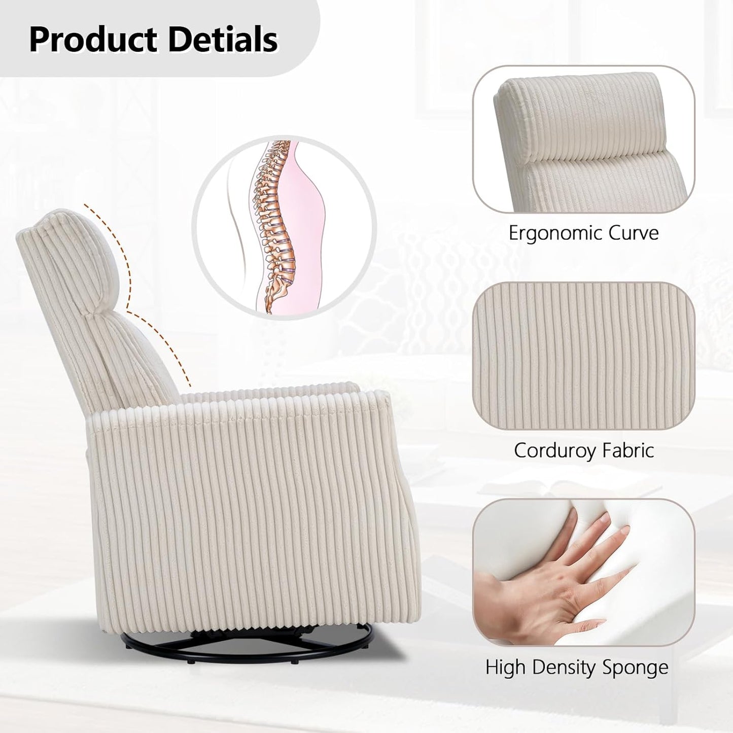 CANMOV Swivel Rocker Chair for Nursery, Swivel Accent Chair with High Back and Arms, Corduroy Glider Chair for Living Room Bedroom Nursery, Grey