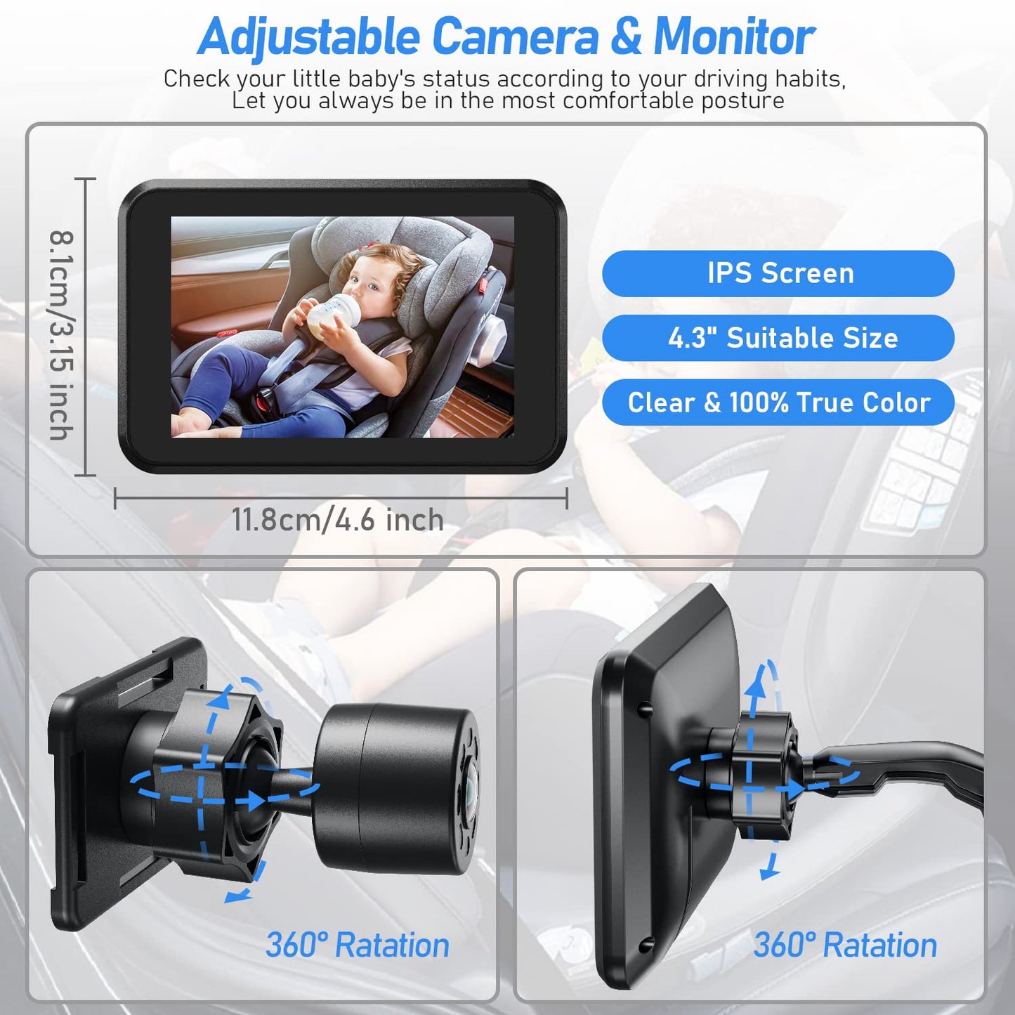 Itomoro Baby Car Camera USB Plug, 4.3" HD Car Baby Monitor with Camera Night Vision, Safety Seat Baby Car Mirror for Rear Facing 5 Mins Easy Installation