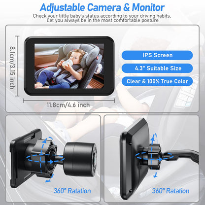 Itomoro Baby Car Camera USB Plug, 4.3" HD Car Baby Monitor with Camera Night Vision, Safety Seat Baby Car Mirror for Rear Facing 5 Mins Easy Installation