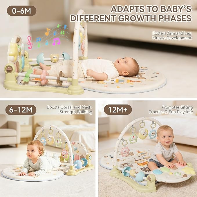 Baby Play Gym Mat - Funny Play Piano Activity Playmat with 5 Infant Learning Detachable Toys for Sensory Development, Music and Lights Tummy Time Mat Newborns Gifts for 0-12 Months