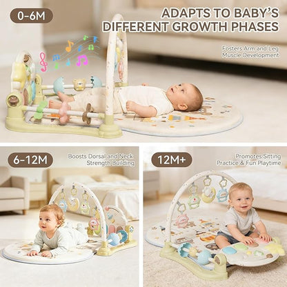 Baby Play Gym Mat - Funny Play Piano Activity Playmat with 5 Infant Learning Detachable Toys for Sensory Development, Music and Lights Tummy Time Mat Newborns Gifts for 0-12 Months
