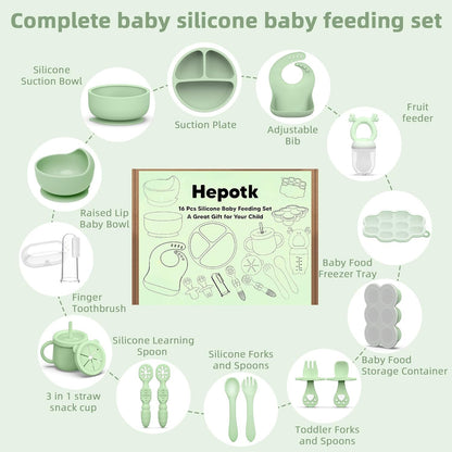 16 Pack Silicone Baby Feeding Set, BPA-Free Baby LED Weaning Supplies, Include Suction Plates, Baby Bowls, Silicone Fork & Spoon, and More, First Stage Baby Food Eating Utensils - 6+ Months(Blue, 16)