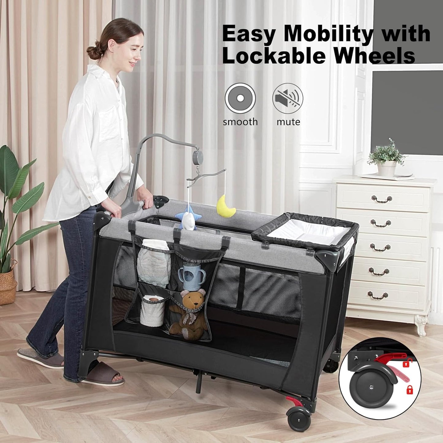 Pack and Play with Changing Table & Carry Bag, 4-in-1 Portable Crib Playpen for Newborn to Toddler, ASTM Certified Foldable Travel Crib with Bassinet(A-Black)