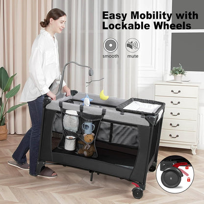 Pack and Play with Changing Table & Carry Bag, 4-in-1 Portable Crib Playpen for Newborn to Toddler, ASTM Certified Foldable Travel Crib with Bassinet(A-Black)