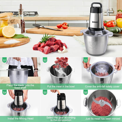 Qinkada Food Processor, 500W Powerful Meat Grinder, 14Cup Stainless Steel Bowl, 3 Speed Modes 4 Bi-Level Blades for Onion, Meat, Nuts, Fruit, Garlic, Vegetable, Baby Food