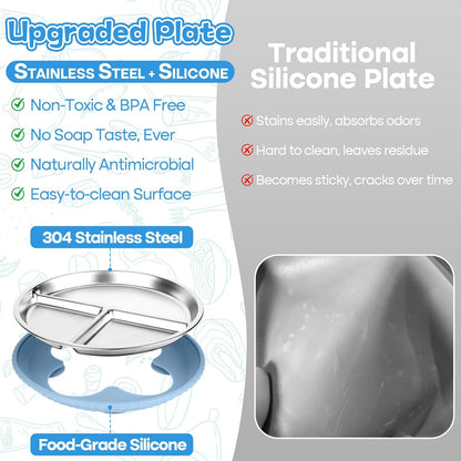 Stainless Steel Kids Plates with Suction, 2Pack 9" Divided Toddler Plates Removable Non Slip Silicone Sleeves Baby Feeding Led Weaning Supplies, BPA Free, Unbreakable Dishwasher Safe