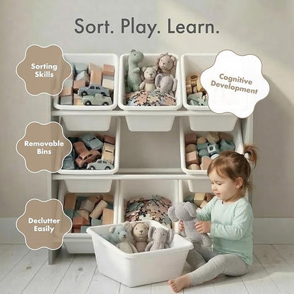 Humble Crew Toy Storage Organizer with 9 Removable Storage Bins for Kids Playroom, 3-Tier Toddler Toy Organization and Storage, Grey/White