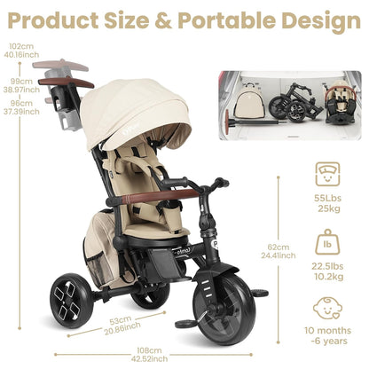 QPlay Toddler Bike Stroller for Baby 10 Months to 6 Years Old, 8-in-1 Foldable Stroller Bike for Toddlers 3-5 Boys & Girls Gifts Trike — Adjustable Handle, Triple Footrest, Canopy & Storage Bag