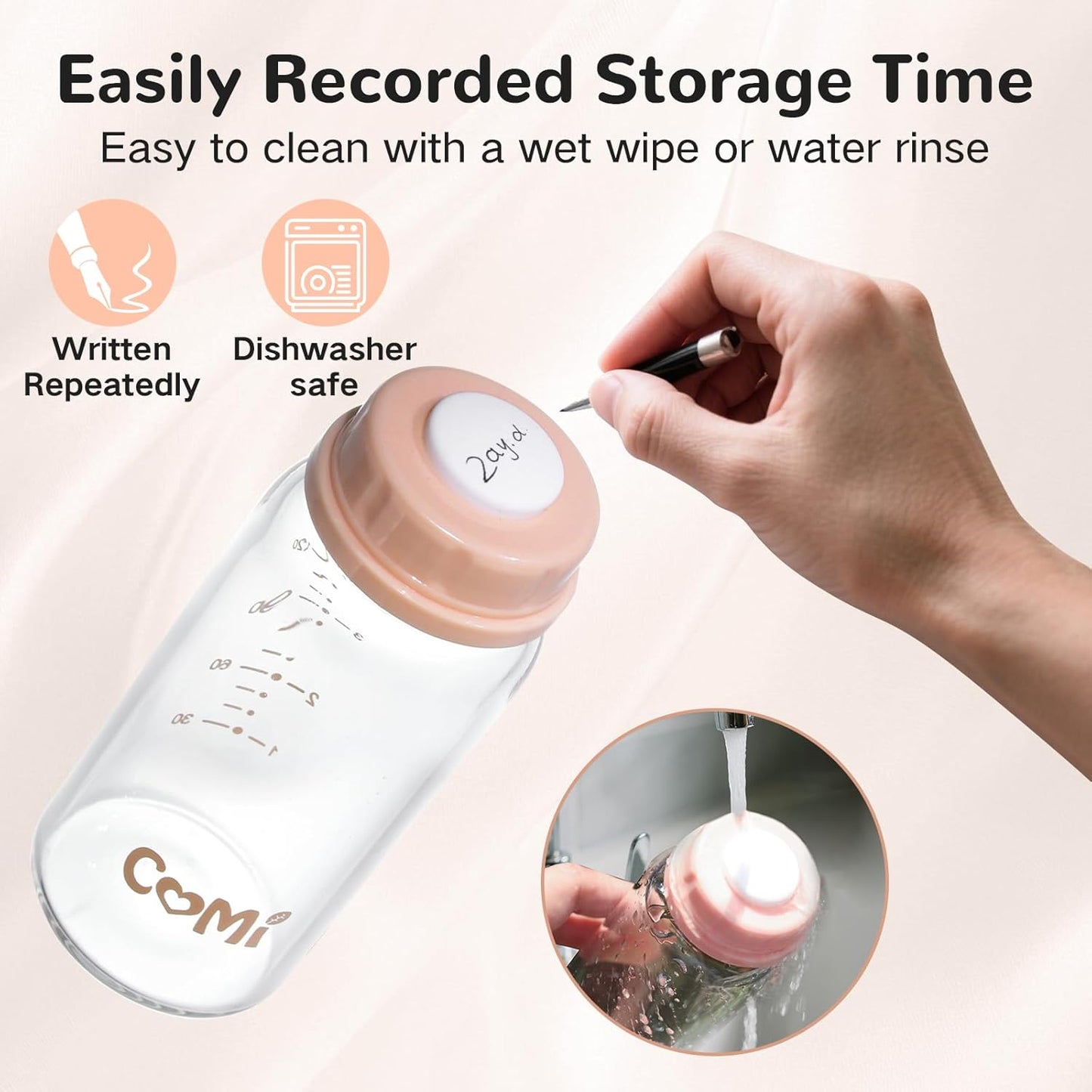 COMI Natural Glass Baby Bottle,Breastmilk Storage Bottle for Fridge,Breast Milk Container,Breast Pump Bottle Compatible with Medela Breast Pump,BPA Free,2PCS (5oz,2 Gray Lids)