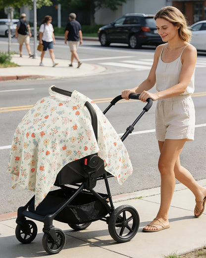100% Muslin Cotton Car Seat Cover for Baby, Soft Breathable Car Seat Canopy, Universal Infant Carseat Cover Sun Protector, Lightweight Summer Stroller Cover for Boys Girls - Strawberry
