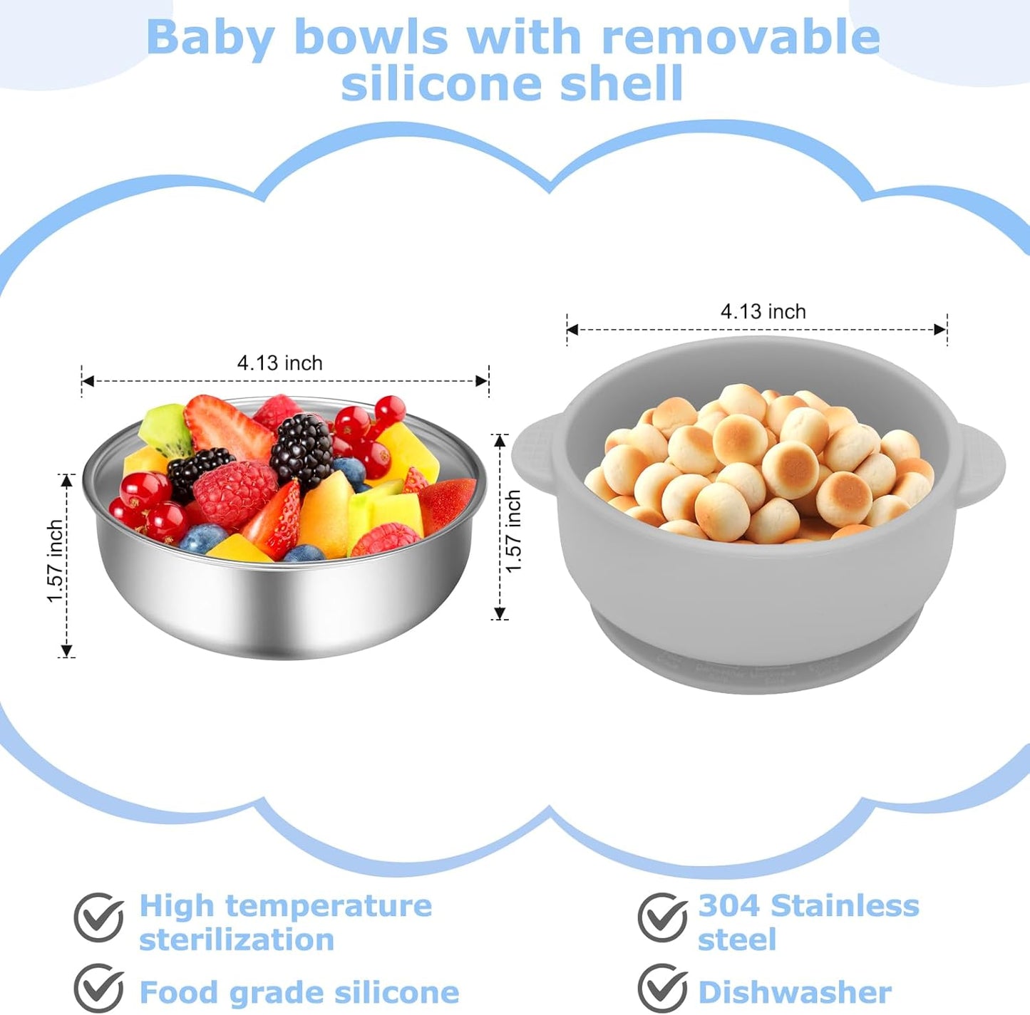 2 Pack Stainless Steel Baby Bowls with Removable Non-Slip Silicone Suction Shell and Lids, Anti Scald Food Container for Baby Food Feeding-Gray & Cream