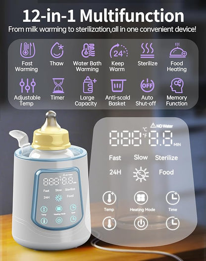 12 in 1 Fast Baby Bottle Warmer with Even Heating No Hot Spots, Night Mode, Sterili-zing,Constant Temp Milk Warmer for Breastmilk & Formula, Fits All Bottles Blue