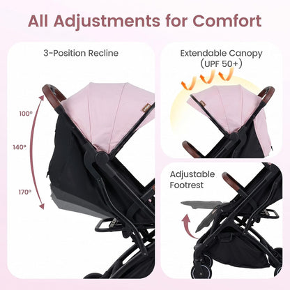 INFANS Travel Stroller, Lightweight Compact Baby Stroller for Airplane with One-Hand Fold, Multi-Position Recline, Canopy, 4 Wheel Suspension, Storage Basket (Grey+Black)