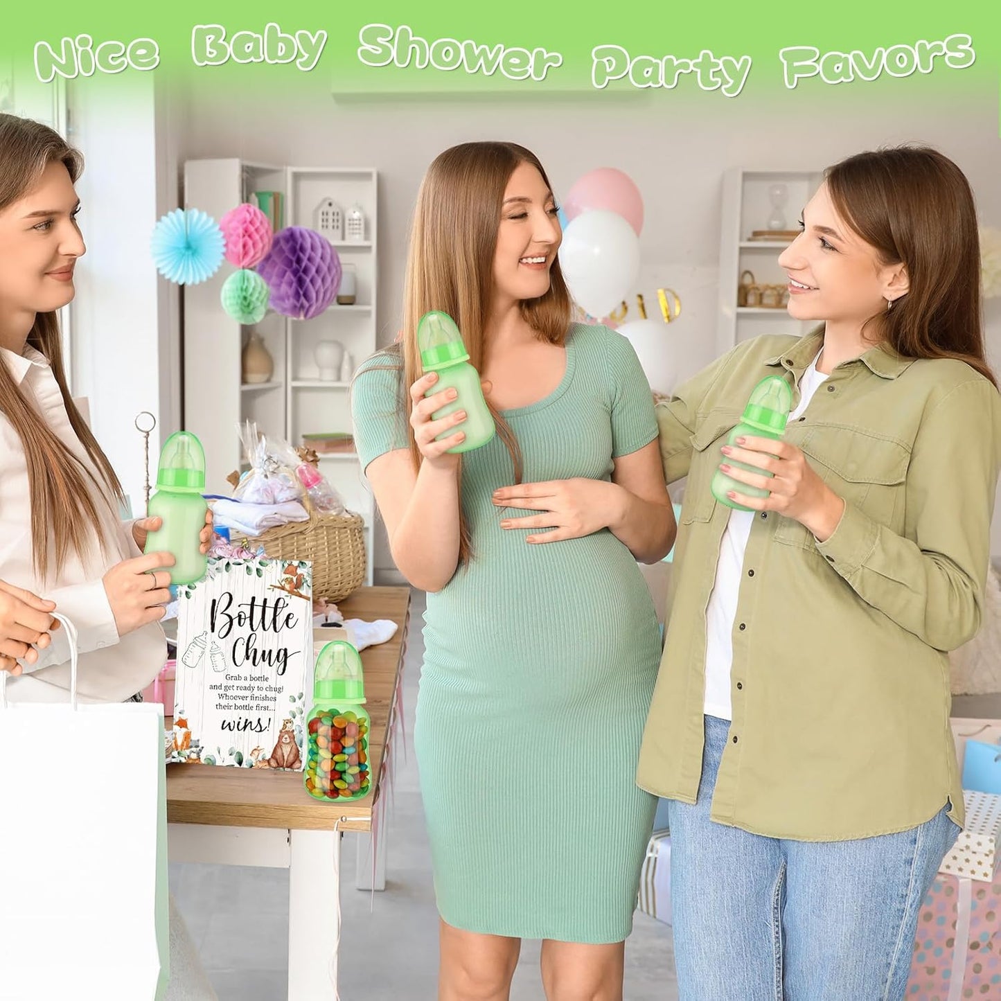 TrelaCo Bottle Chug Baby Shower Game 20 Pcs Baby Bottles Shower Favor with 1 Greenery Theme Sign for Gender Reveal Party Supplies Gifts(Green)