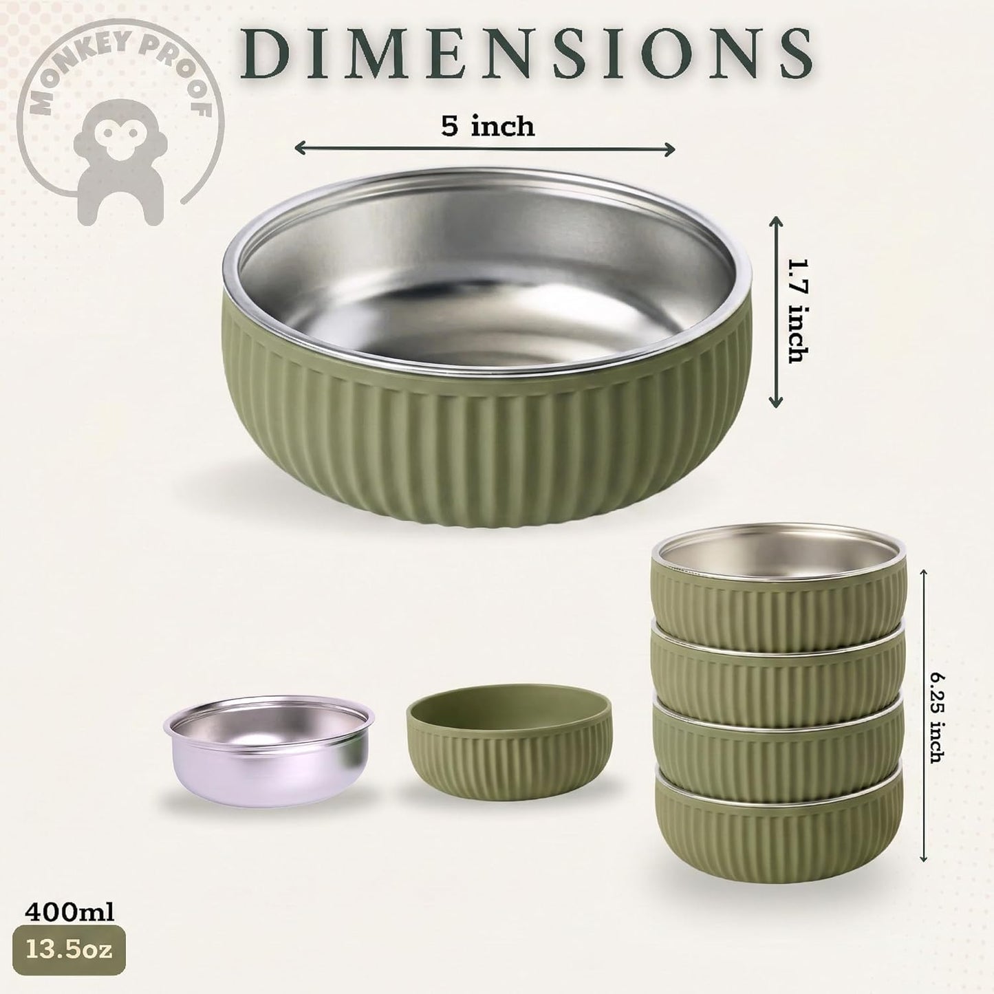 Monkey Proof™ Non-Toxic Stainless Steel Child Bowl 5” with Non-Slip Grooved Silicone Shell, (Set of 4 bowls) Unbreakable, Mess Free Feeding for Babies, Toddlers, Kids, BPA free (Stormy Sky Grooved)
