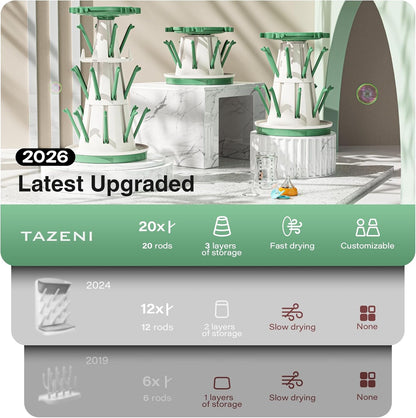 TAZENI Large Baby Bottle Drying Rack with 20 Hooks, Tree-Shaped Space Saving Countertop Bottle Dryer, 360° Air Flow, Non-Slip Stable Base - Baby Bottle Organizer, Newborn Essentials Must Haves