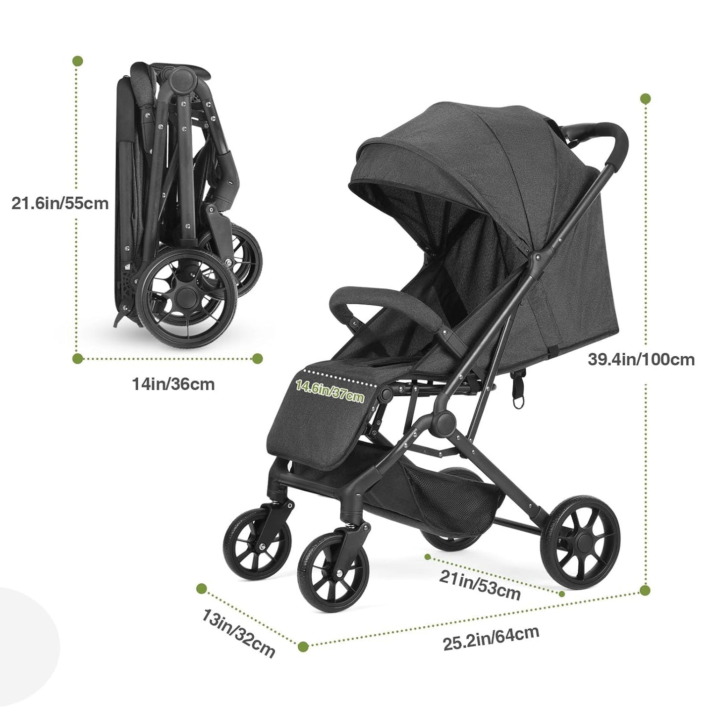 Compact Baby Stroller, Travel Toddler Seat Pushchair with Shock Absorbing Wheels, Foldable Infant Stroller with Canopy, One Button Brake, Convertible Infant Stroller for Toddler (Dark Grey)