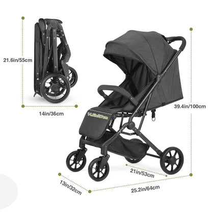 Compact Baby Stroller, Travel Toddler Seat Pushchair with Shock Absorbing Wheels, Foldable Infant Stroller with Canopy, One Button Brake, Convertible Infant Stroller for Toddler (Dark Grey)