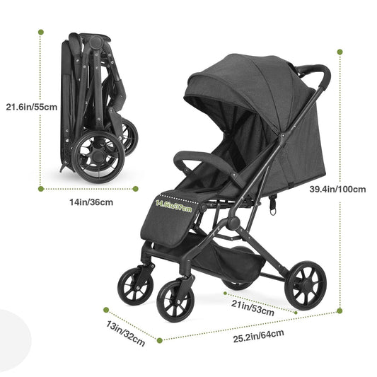 Compact Baby Stroller, Travel Toddler Seat Pushchair with Shock Absorbing Wheels, Foldable Infant Stroller with Canopy, One Button Brake, Convertible Infant Stroller for Toddler (Dark Grey)
