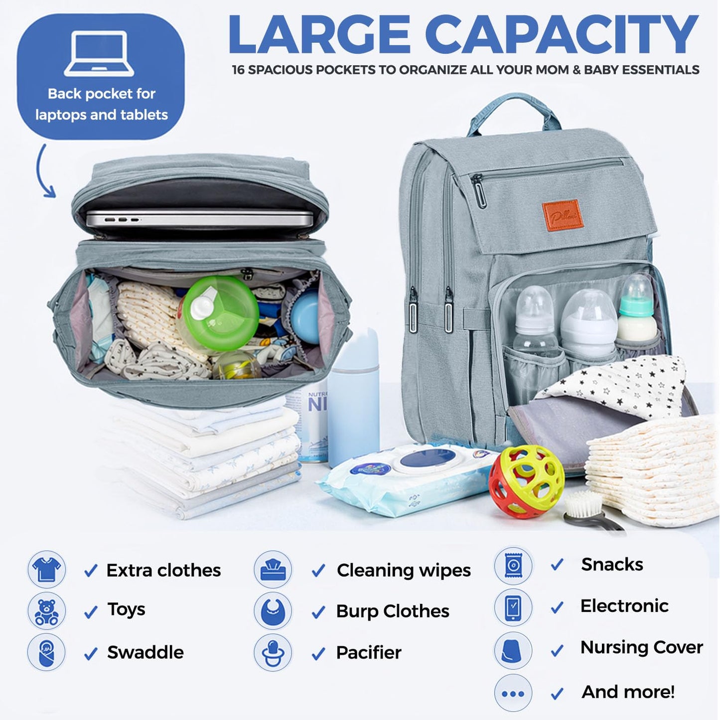 PILLANI Baby Diaper Bag Backpack - Large Waterproof Travel Diaper Bag for Boys & Girls, 16 Organizer Pockets with Changing Pad, Insulated Bottle Pockets & Stroller Straps, Baby Shower Gifts, Dinosaur
