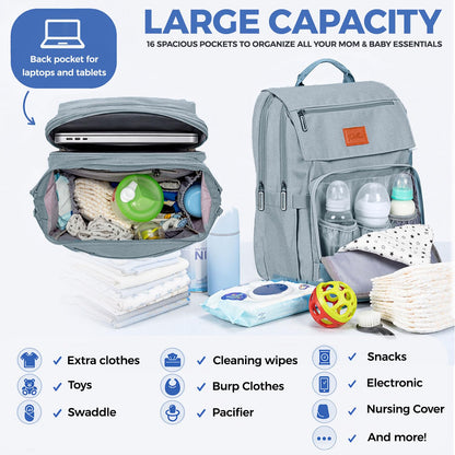 PILLANI Baby Diaper Bag Backpack - Large Waterproof Travel Diaper Bag for Boys & Girls, 16 Organizer Pockets with Changing Pad, Insulated Bottle Pockets & Stroller Straps, Baby Shower Gifts, Dinosaur
