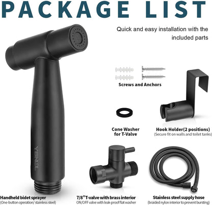 Handheld Bidet Sprayer for Toilet, Premium Stainless Steel Bathroom Bidet Sprayer Set with One-Click Start & Powerful Pressure, Baby Cloth Diaper Sprayer with Complete Accessories - Matte Black