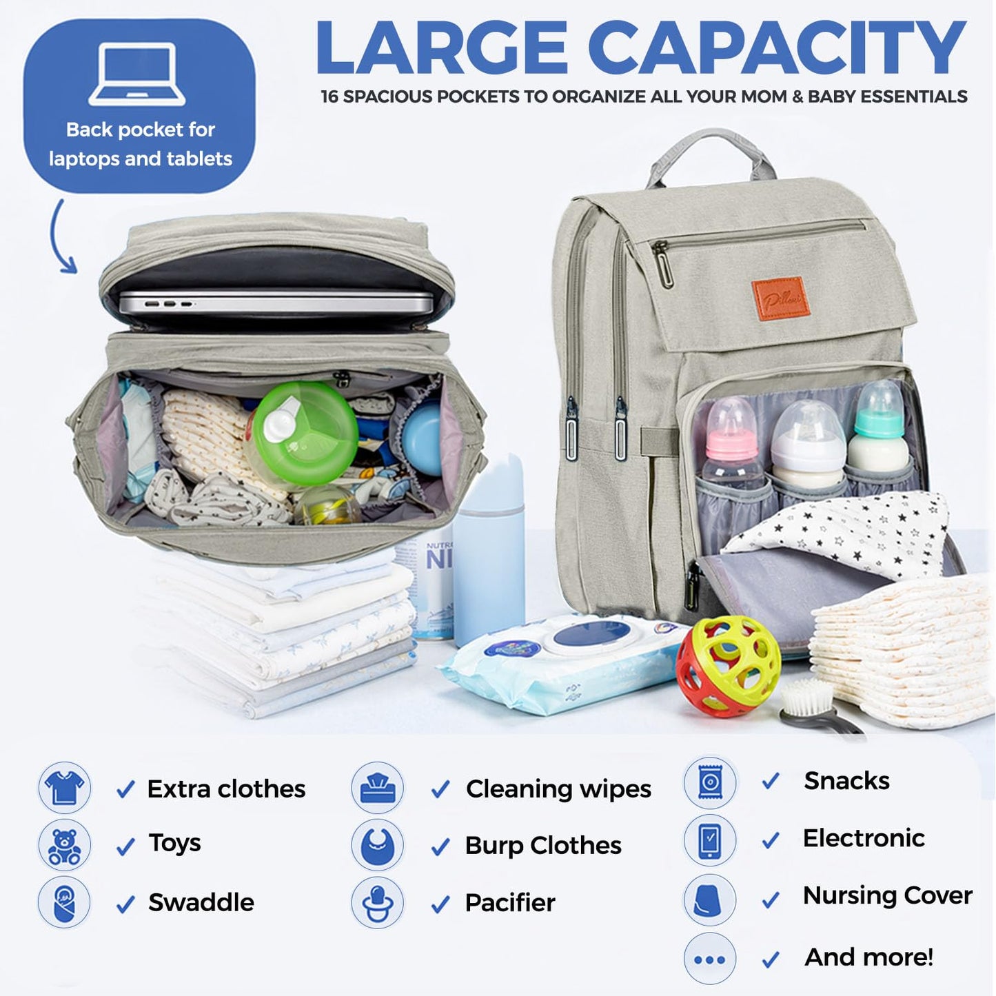 PILLANI Baby Diaper Bag Backpack - Large Waterproof Travel Diaper Bag for Boys & Girls, 16 Organizer Pockets with Changing Pad, Insulated Bottle Pockets & Stroller Straps, Baby Shower Gifts, Dinosaur