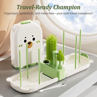 Pink Travel Baby Bottle Cleaner Kit – 6-in-1 Portable Brush Set with Drying Rack & Storage Case | Baby Travel Essentials for Flying, Newborn Bottle Cleaning & Breast Pump Parts On-The-Go