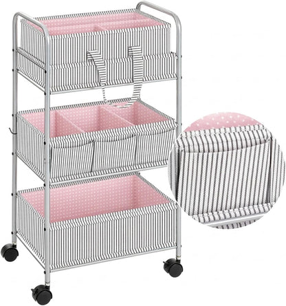 WILLBOND 2in1 Baby Diaper Caddy Organizer Cart, 3 Tier Large Capacity Metal Utility Bedside Rolling Cart with Divider for Newborn Registry Nursery Essential Must Have Gift Baby Shower Bedroom(Pink)