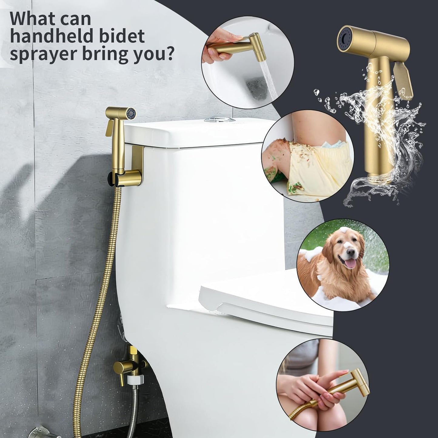 Brushed Gold Bidet Sprayer Head Only, Stainless Steel Brass Hand Bidet Sprayer with Adjustable Water Pressure Control for Baby Cloth Diaper & Bathroom & Pet Shower