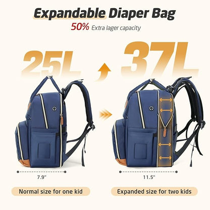 Diaper Bag Backpack - Extra Large Diaper Bag for 2 Kids Twin, Travel Baby Bags for Mom Dad 25-37L Expandable with Changing Pad Earphone Hole, Solid Blue