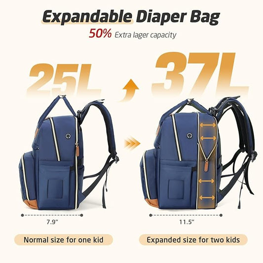 Diaper Bag Backpack - Extra Large Diaper Bag for 2 Kids Twin, Travel Baby Bags for Mom Dad 25-37L Expandable with Changing Pad Earphone Hole, Solid Blue