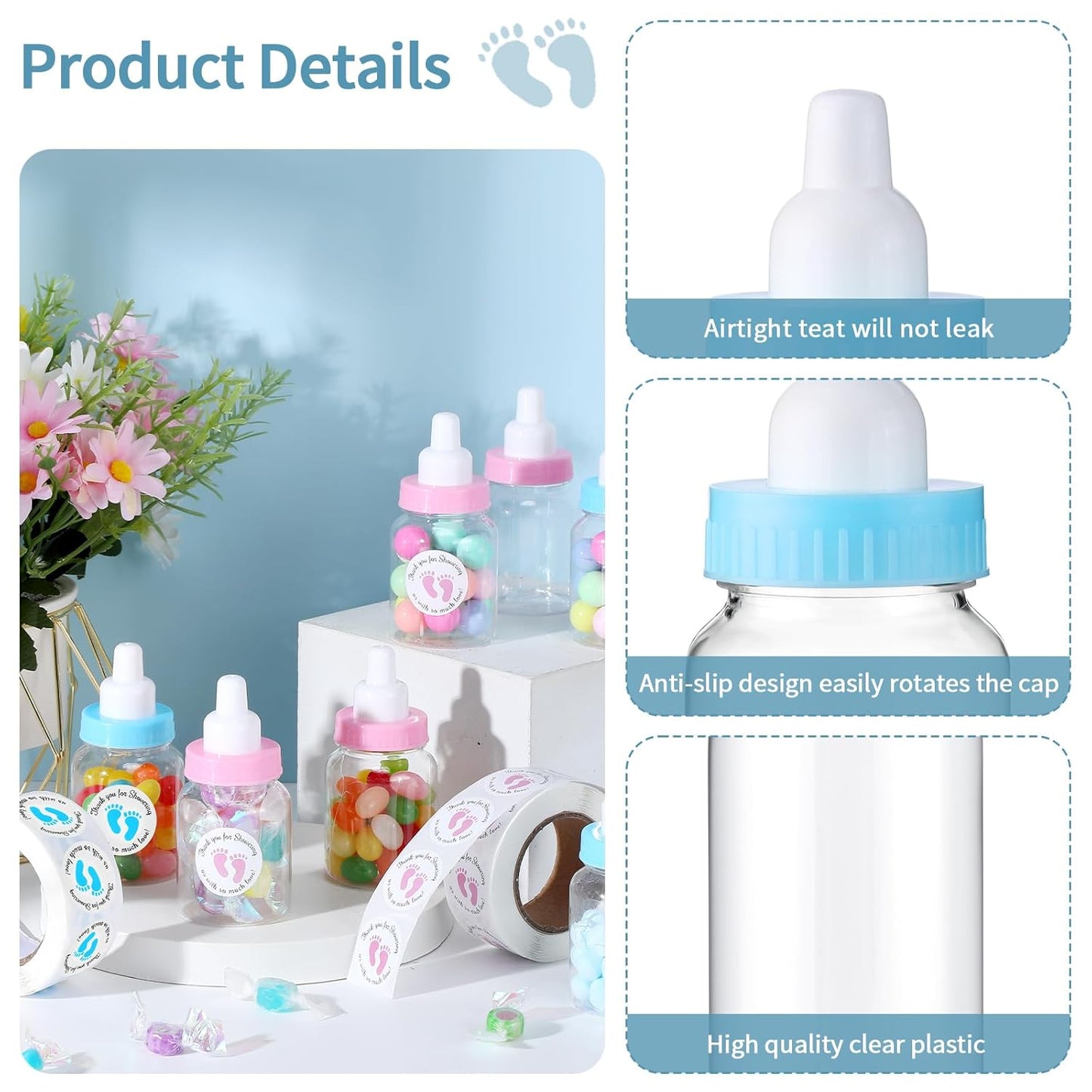 Tondiamo 48 Pcs Blue Baby Shower Mini Bottle Favors 1.5 x 3.5 Inch Baby Shower Candy Jar Mini Milk Bottle Party Favor Fillable Gift Boxes for Boys Girls Birthday Party Games Decorations