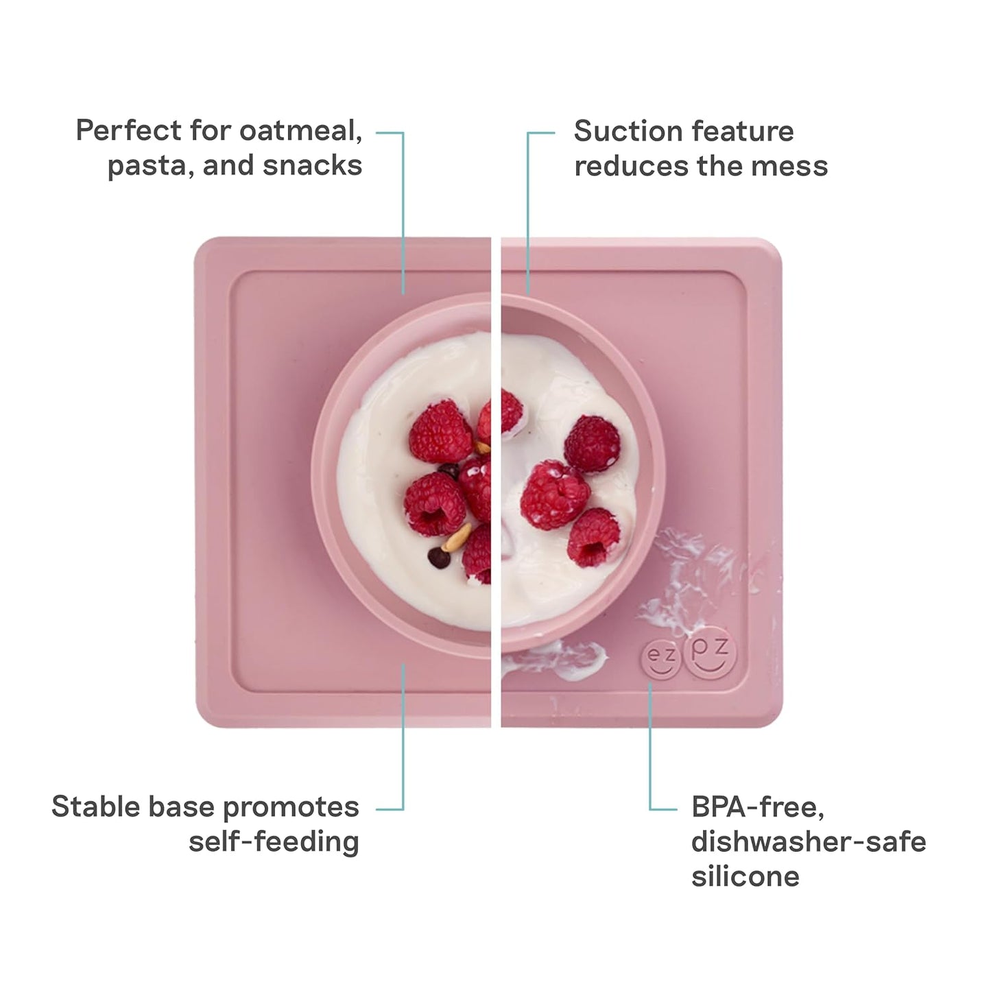 ezpz Mini Bowl (Pewter) - 12 Months+ - 100% Silicone Suction Placemat + Bowl for Toddlers - Comes with a Reusable Travel Bag