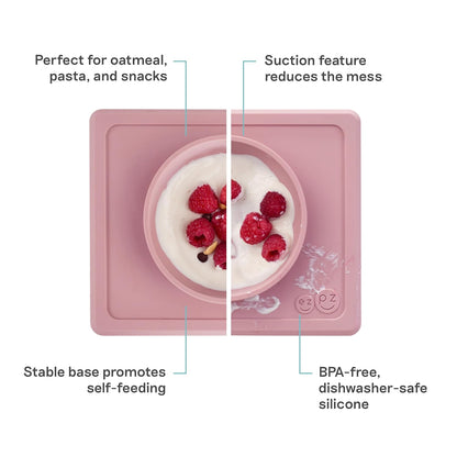 ezpz Mini Bowl (Pewter) - 12 Months+ - 100% Silicone Suction Placemat + Bowl for Toddlers - Comes with a Reusable Travel Bag