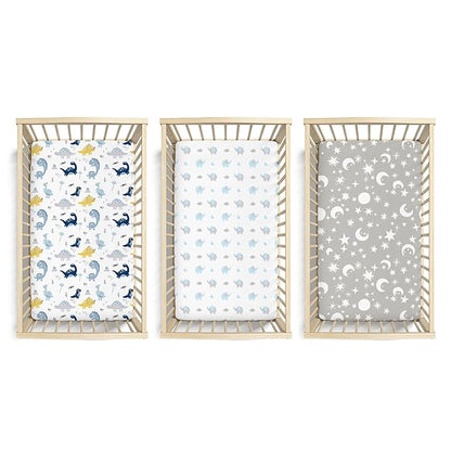 Plushii Crib Sheets for Baby Boys 3 Pack, 28"x 52" Extra Soft Microfiber Crib Sheet Set for Baby Crib Mattress Sheet & Toddler Mattress Pad, Dinosaur & Elephant & Stars