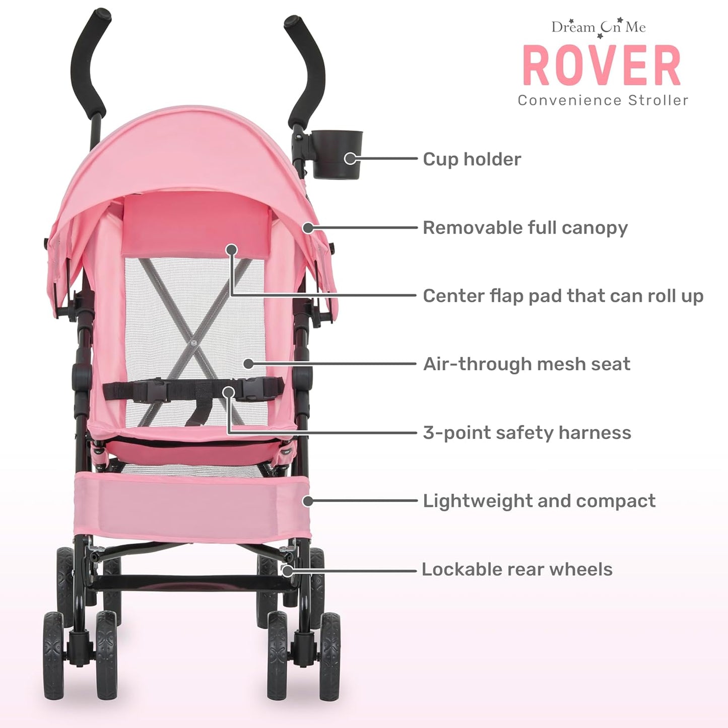 Dream On Me Rover Convenience Baby Stroller – Lightweight & Compact Travel Umbrella Stroller, Quick One-Hand Fold, Lockable Rear Wheels, Adjustable Canopy, 3-Point Safety Harness & Cup Holder – Grey