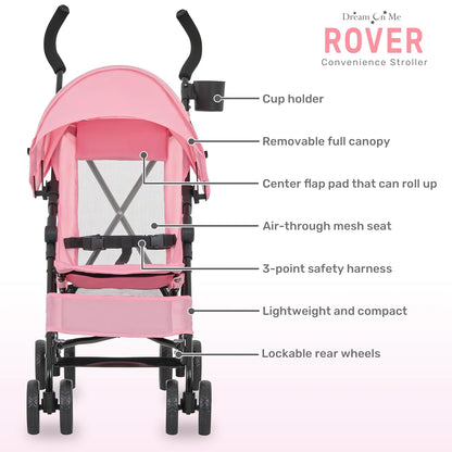 Dream On Me Rover Convenience Baby Stroller – Lightweight & Compact Travel Umbrella Stroller, Quick One-Hand Fold, Lockable Rear Wheels, Adjustable Canopy, 3-Point Safety Harness & Cup Holder – Grey