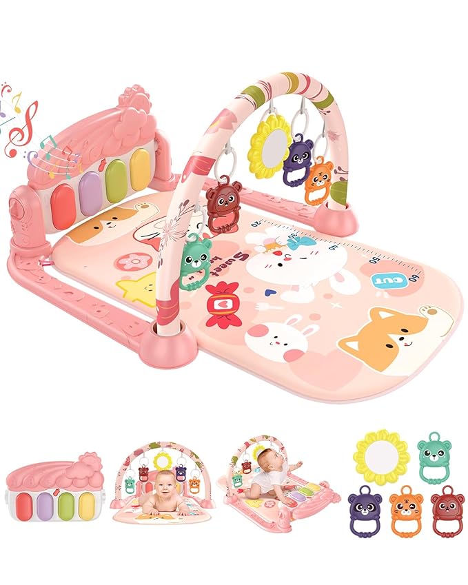 dearlomum Baby Play Gym Mat with 4-Key Musical Piano, Lights, Sounds & Hanging Toys for Tummy Time and Sensory Development, Infants to Toddlers (Pink Animal Theme)