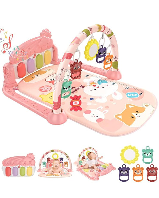 dearlomum Baby Play Gym Mat with 4-Key Musical Piano, Lights, Sounds & Hanging Toys for Tummy Time and Sensory Development, Infants to Toddlers (Pink Animal Theme)