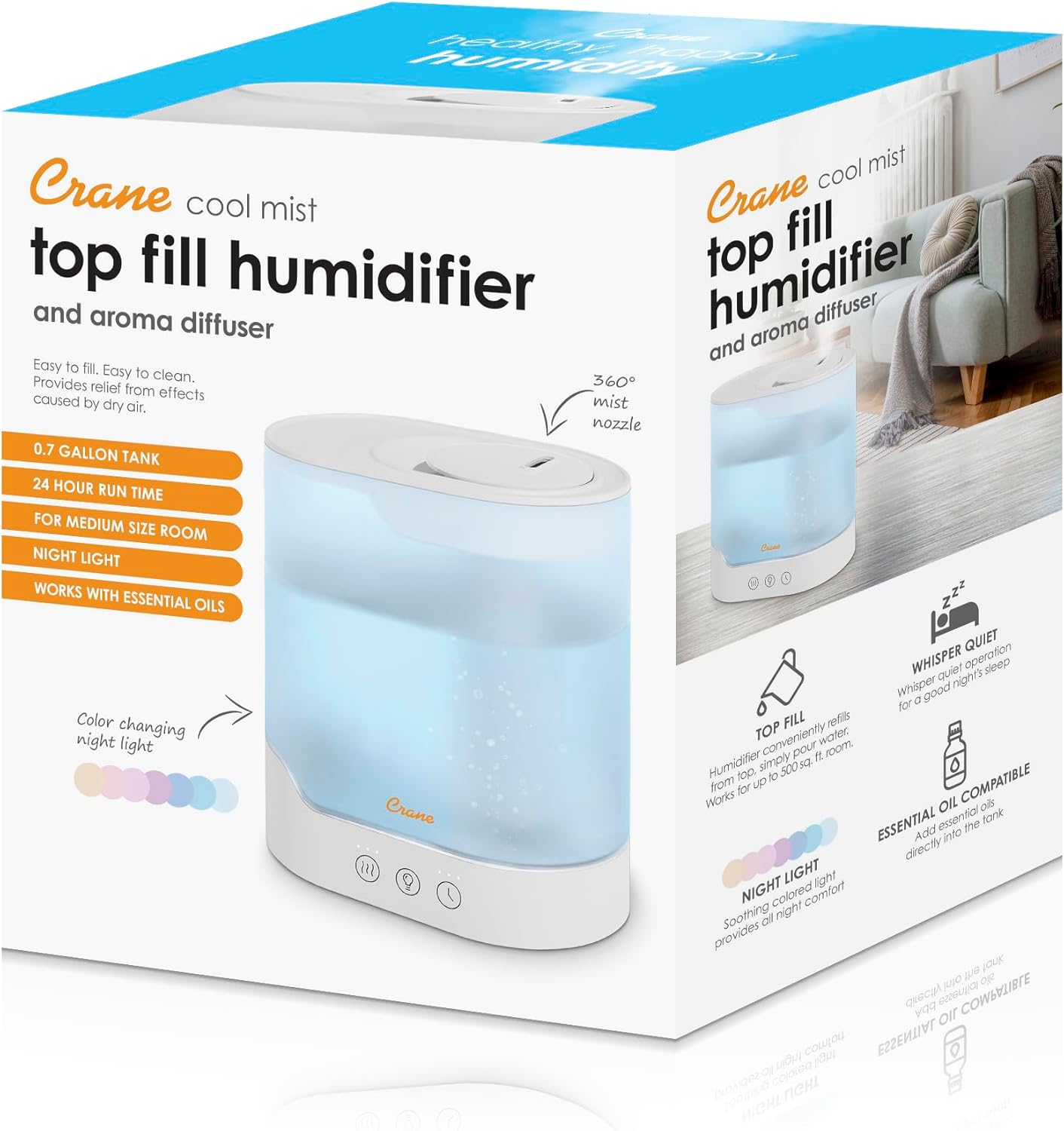 Crane 0.7 Gallon Top Fill Cool Mist Humidifier and Aroma Diffuser, with Color-Changing Night Light and Aroma Diffuser Function, Humidifier For Bedroom, Office or Nursery