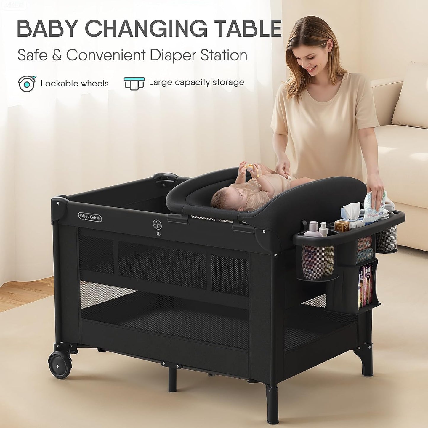 Obee Odee 4-in-1 Baby Bassinet with Playard, Napper Bassinet, Changing Table, Mosquito Net & Canopy, Storage and Toys for Newborn to Toddler