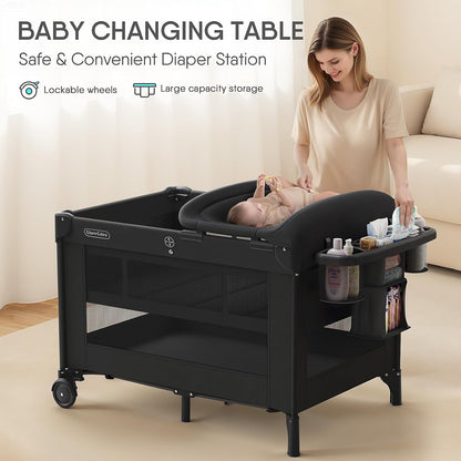 Obee Odee 4-in-1 Baby Bassinet with Playard, Napper Bassinet, Changing Table, Mosquito Net & Canopy, Storage and Toys for Newborn to Toddler